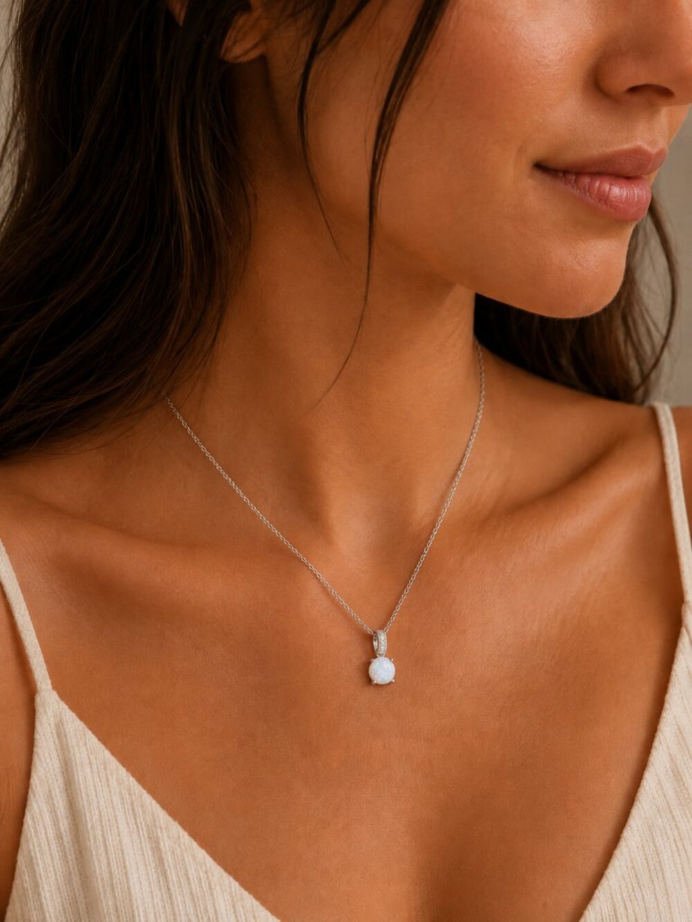 NEW 18k White Gold Opal Necklace Diamond Opal Pendant Necklace